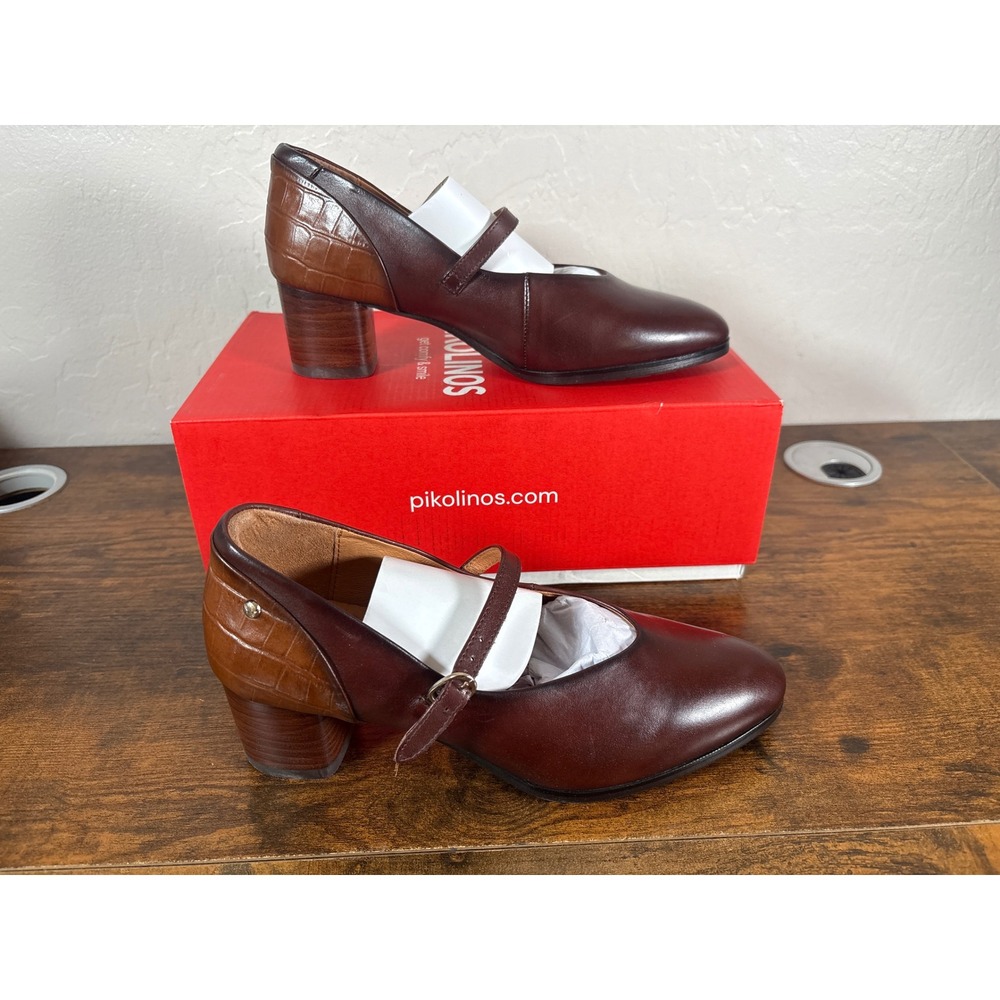 Pikolinos Calafat W1Z-5656C1 Caoba Brown Leather Mary Jane Block Heel Pumps 38